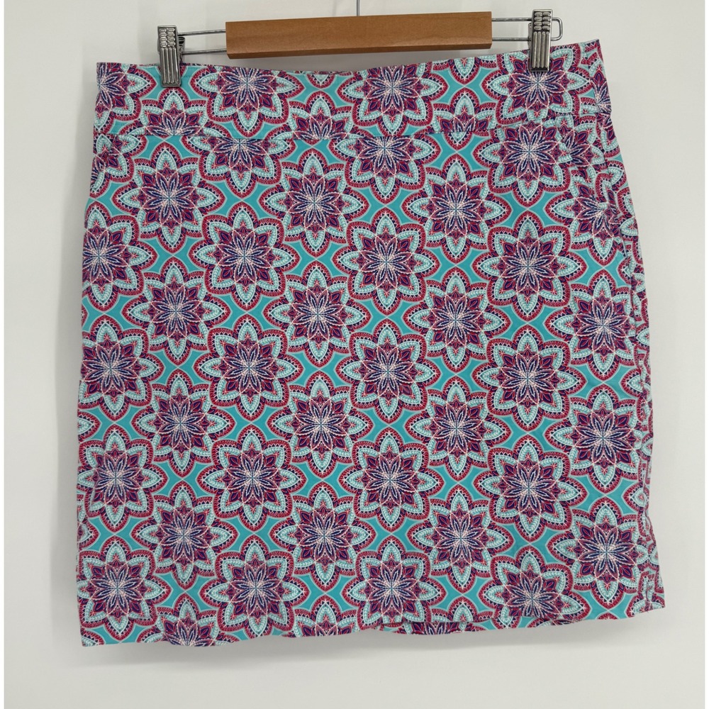 Talbots Womens Sz 12‎ Turquoise Pink Mandala Geometric Cotton Stretch Mini Skirt